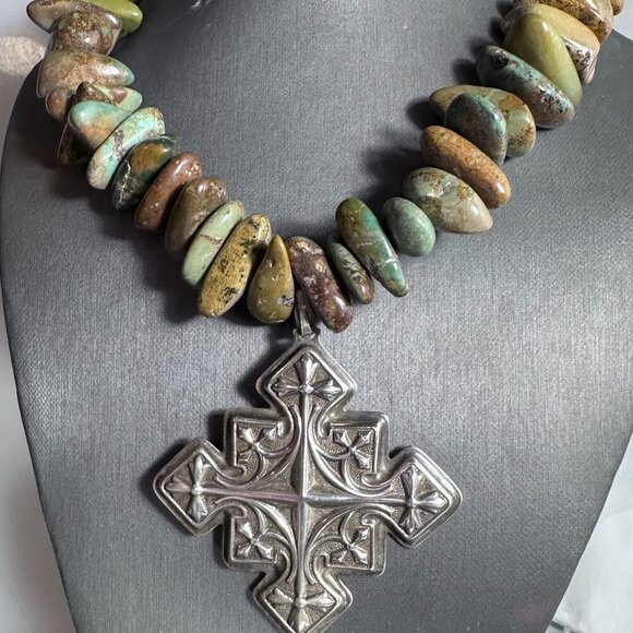 Crescent Valley Turquoise Choker Necklace Sterling Silver Maltese Cross 925 - Picture 1 of 10